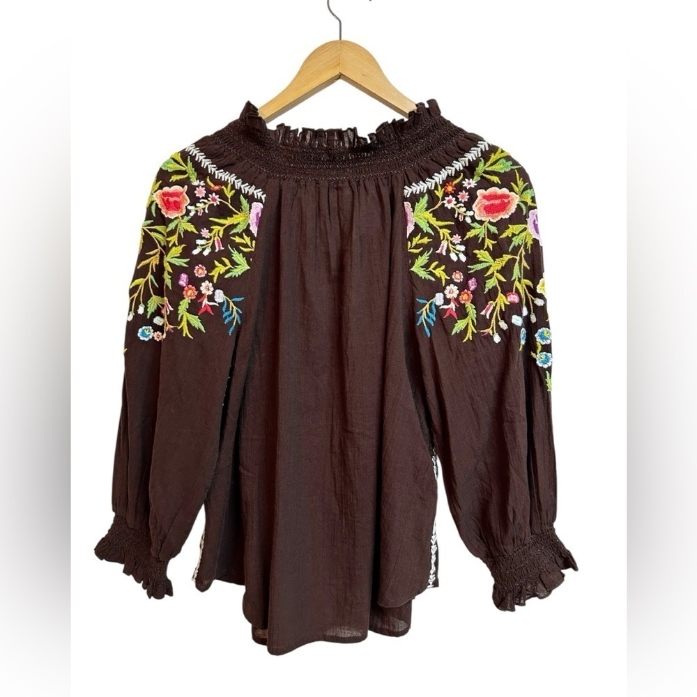 Sundance Amora Blooms Bird Floral Embroidered Boho Top Cotton Brown Small Petite - Picture 6 of 7